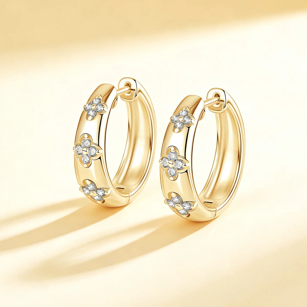 Anziw 2026 New Cute Moissanite Clover Flower Chunky Earrings S925 925 Silver Hoop Earrings for Women Lucky Fine Jewelry Gifts
