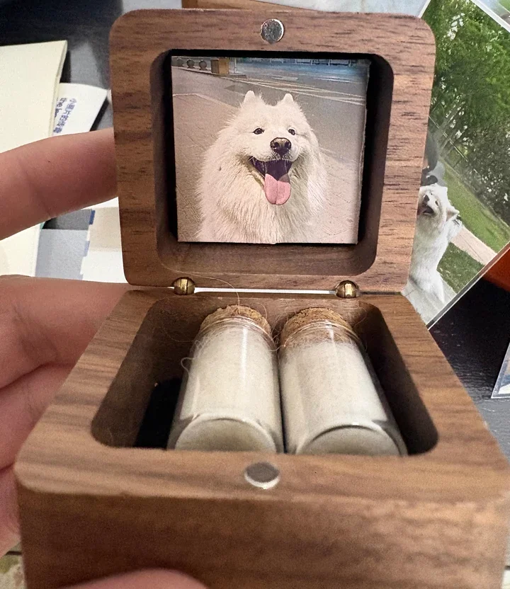 Pet Hair Memorial Box Keepsake Custom Engraved Photo Urn Tooth Ash Storage Vials Wooden Memory Box For Cats And Dogs Remembrance