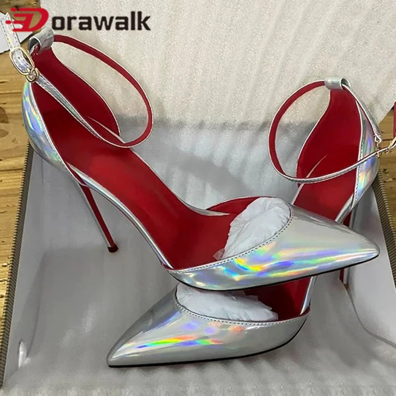 

12cm Woman High Heel Chic Sandal Red inside Pumps Glossy Patent Ankle Strap Shallow Mouth Pointed Toe Ladies Elegant Shoes