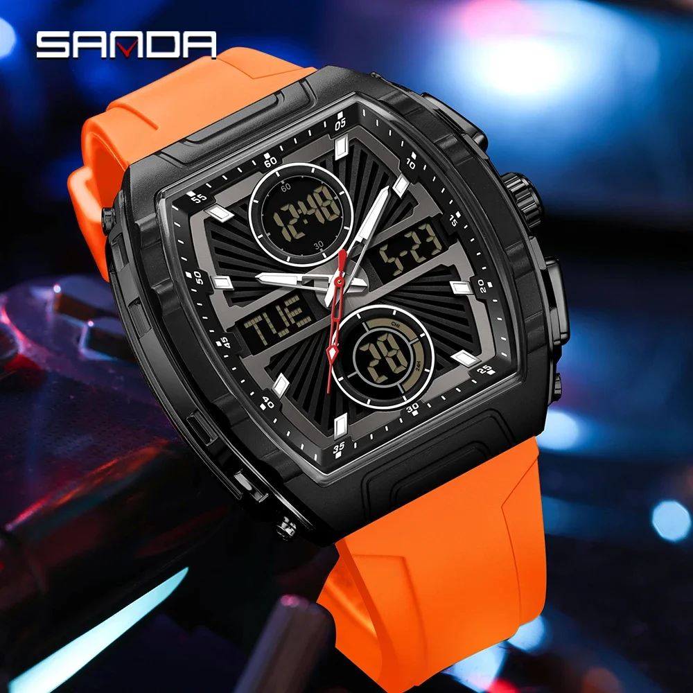 SANDA6231 Luxury Electronic Men's Watch Digital Fashion Trend Multi functional Clock Silicone Waterproof Weekly Date Men's Watch