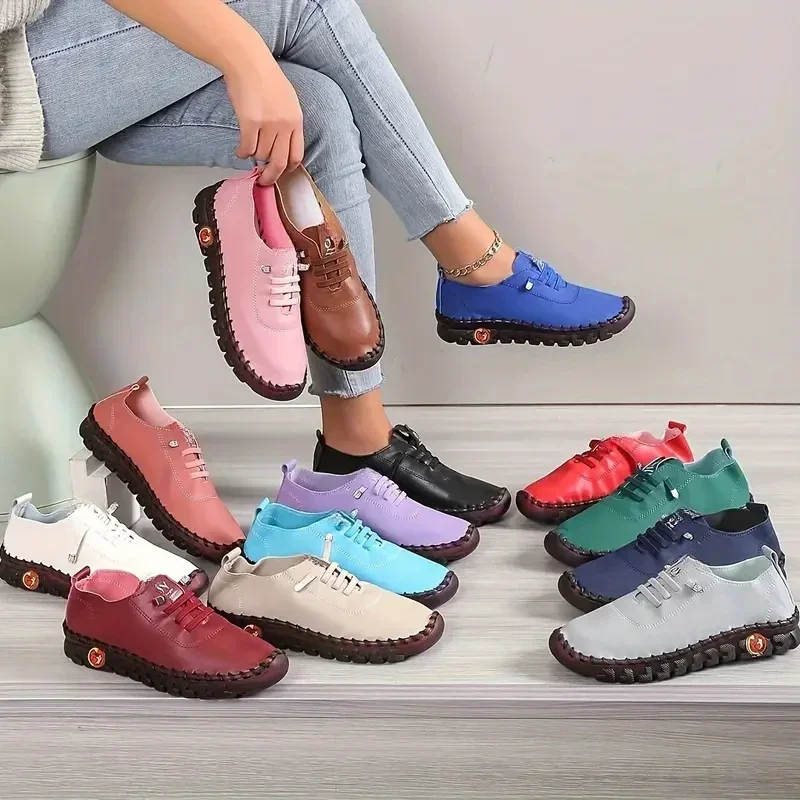 Women's Handmade Flat Sneakers - Comfortable Lace Up Round Toe Faux Leather Casual Walking Shoes flat shoes women