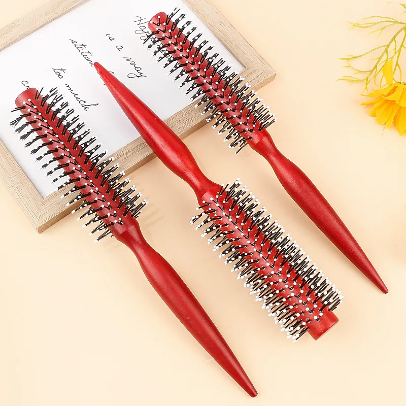 מברשת עגולה עם ידית מעץ לגלגול שיער ישר, מסרק שיער טוויל עם שערות חזיר, מברשת לגלגול שיער בצורת חבילה, כלי עיצוב שיער