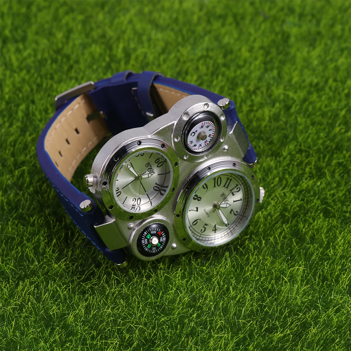 

1Pcs Blue Dual Display Quartz Watch Outdoor Sports Thermometer Compass Adjustable Band Fashion Multi Time Watch Men Boys