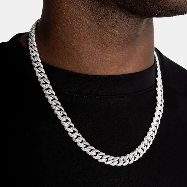 Moissanite 8mm Cuban Chain Iced Out Hip Hop Necklace for Him Bling Gift for Boyfriend Fine Jewelry 925 Sterling Silver.