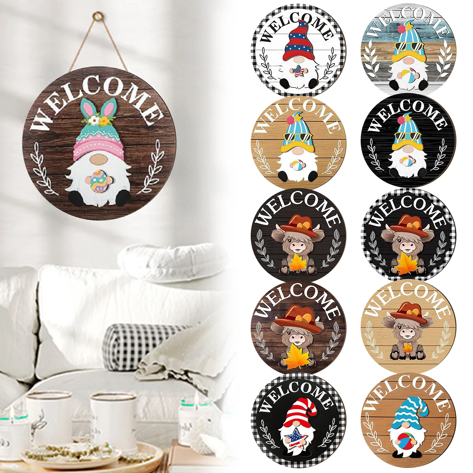 علامة ترحيب قابلة للتبديل مع قبعات مغناطيسية قابلة للإزالة، علامة خشبية قزم، لوحة تزيين خشبية إبداعية لديكور المنزل #2