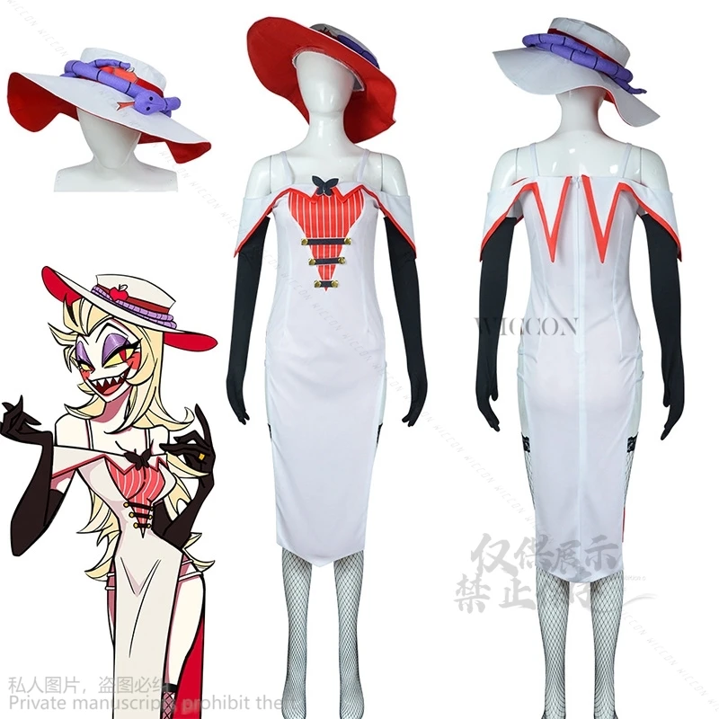 

Hazbin Lucifer Cosplay Anime Hotel Morningstar Cosplay Genderswap Costume Wig Daddy White Suit Devil Hell Halloween Party Adult