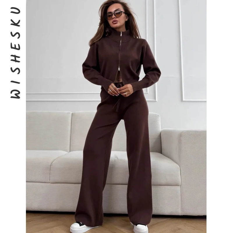 

Женский вязаный модный облегающий кардиган на молнии с длинными рукавами, топ + брюки на шнурке, шикарный свитер для поездок на работу, осень-зима 2023 г.