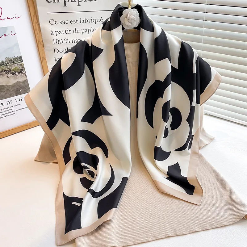 Breathable & Windproof Camellia Print Scarf - Versatile Square Scarf for Elegant Style & Outdoor Comfort