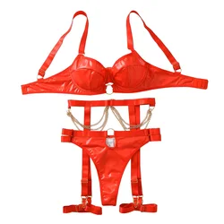 Nightclub Temptation Female Underwear Set with Belts and Straps Metal Chain Sexy Lingerie 4 Piece Sets Porne Clothing for Women