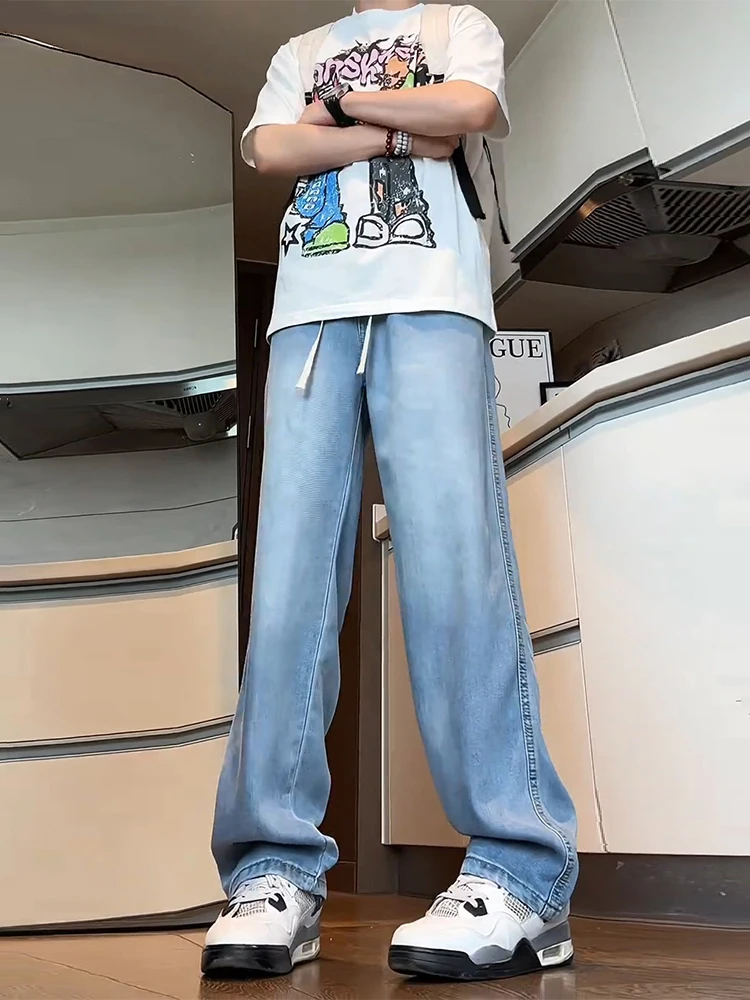 

Американские мужские джинсы из ледяного шелка, светло-голубые, летние, тонкие, широкие, для подростков, с высокой талией, на шнурке, свободного кроя