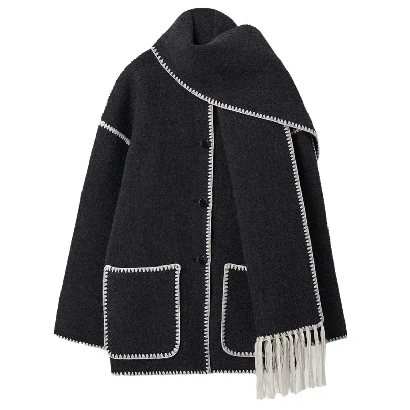 Totem* Autumn/Winter Casual Women\'s Double-sided woolen short coat 2024 New thickening Warm Fringe Scarf Collar Coat for Women