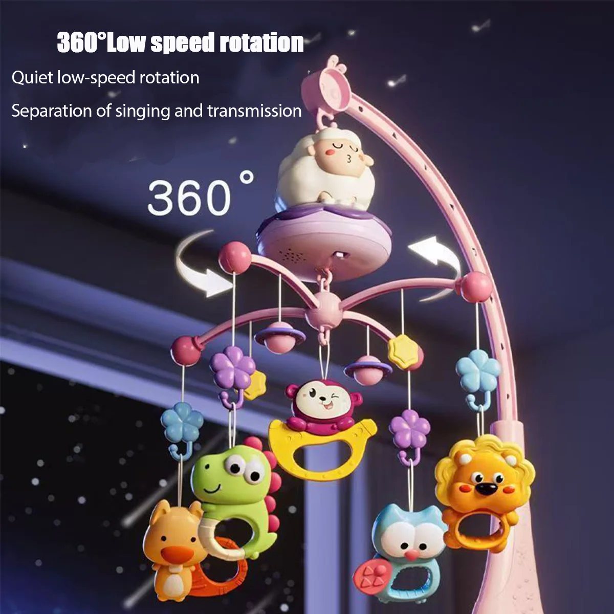 โมบายเด็กทรงแกะ พร้อมจี้รูปสัตว์การ์ตูนน่ารัก มีไฟและเสียงเพลง มีจำหน่ายในสีฟ้าและสีชมพู