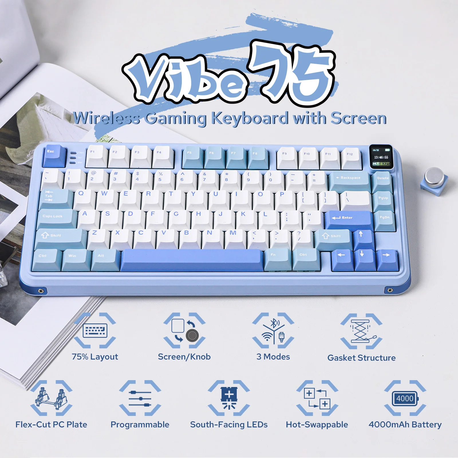 Teclado Mecânico Mechlands-Vibe 75 com Ecrã Intermutável, Montagem de Junta, Com Fio, Bluetooth, 2,4 GHz, 75% Layout