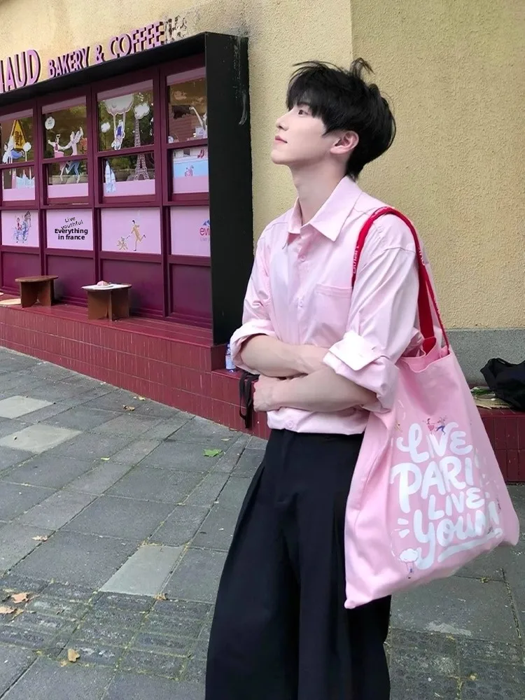 

Dopne Pink Sun Protection irt Loose Thin Long Sve Мужская летняя модная верхняя одежда Дышащая молодежная одежда с откидным воротником