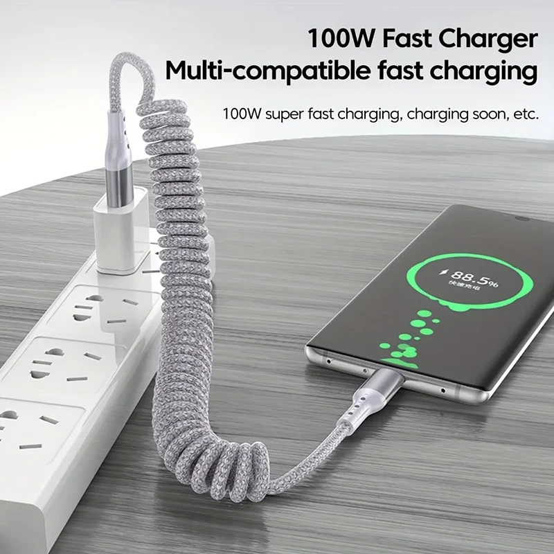 Xiaomi 100W USB typu C PD Samochodowy kabel sprężynowy Szybkie ładowanie 480Mbps Transmisja USB C Przewód do iPhone Huawei Xiaomi Samsung — zdjęcie produktu 6