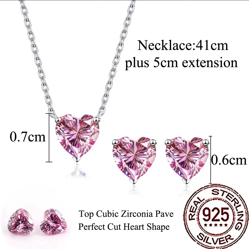 QooLady 925 Sterling Silver Fashion Pink Heart CZ Crystal Pendant Necklace 2Pcs Sets for Women Fine Wedding Party Jewelry ST029