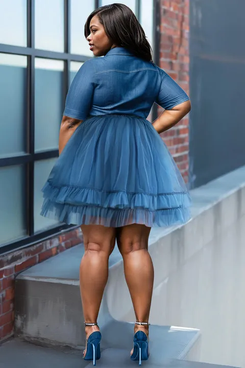 Plus Size Daily Blue Shirt Collar Short Sleeve See Through Tencel Denim Tulle Mini Dresses