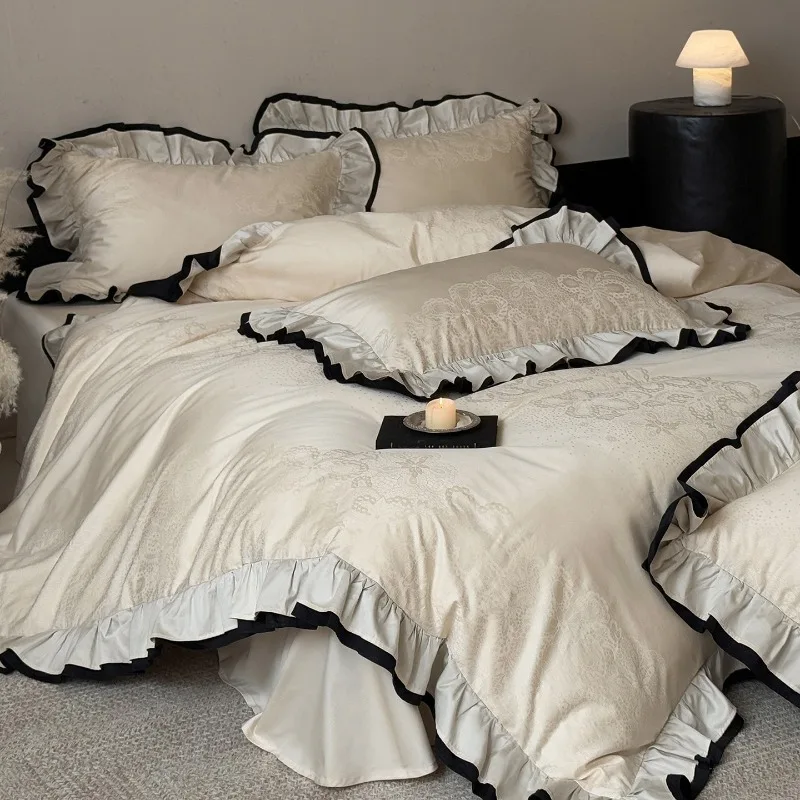 French Light Luxury Four-piece Set 100 Long-staple Cotton Jacquard Lotus Leaf Edge Quilt Cover Bed Sheet Pillowcase Bedding Set
