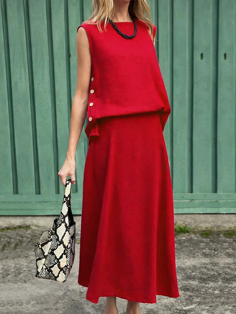 

Простой однотонный комплект из топа без рукавов с круглым вырезом и юбки, новый летний повседневный женский костюм из двух предметов, модный уличный наряд для отпуска