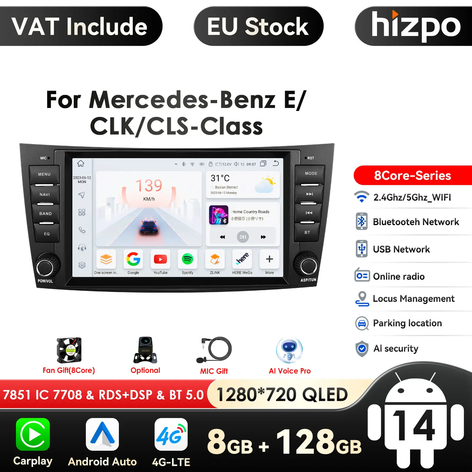 4G-LTE Carplay Android Autoradio GPS pour Mercedes Benz classe E W211 E200 E220 E300 E350 E240 E270 E280 W219 Autoradio multimédia