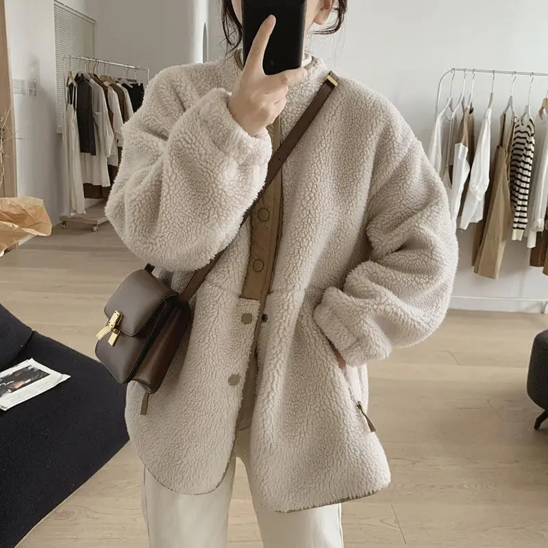 Single Breasted Style Multicolor Lamb Wool Coat Women's Spring Autumn Winter New Loose Fit Slim Standing Collar Thickened Coat