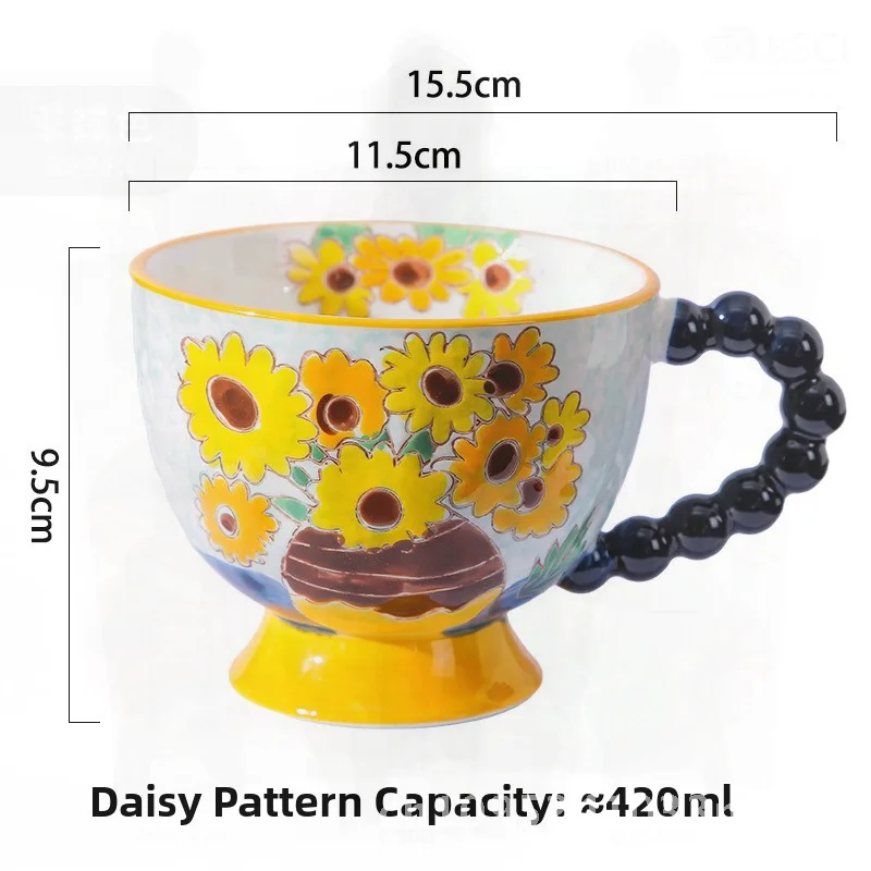 

Hand Painted Embossed Ceramic Mug Cute Household High-Looking Water Cup Oatmeal Breakfast Cup with Handle Universal 401-500ml