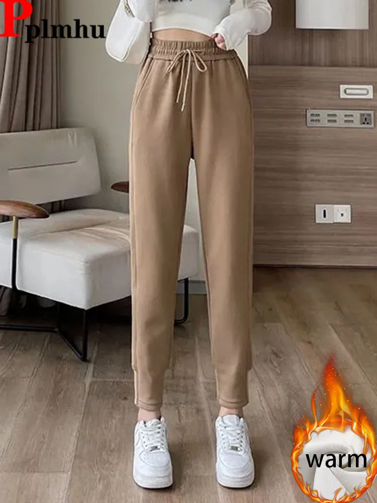 

Women Thicken Lace Up Harem Pants Winter Warm Elastic High Waist Velvet Lined Jogger Pantalones Classic Solid Snow Wear Calca