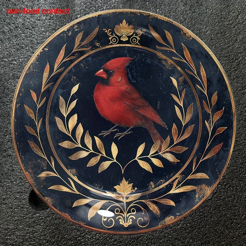 8-Inch Round Halloween & Christmas Decorative Plaque, 8.0inch Ceramic Wall Art - Vintage Golden Leaf Design with Red Cardinal