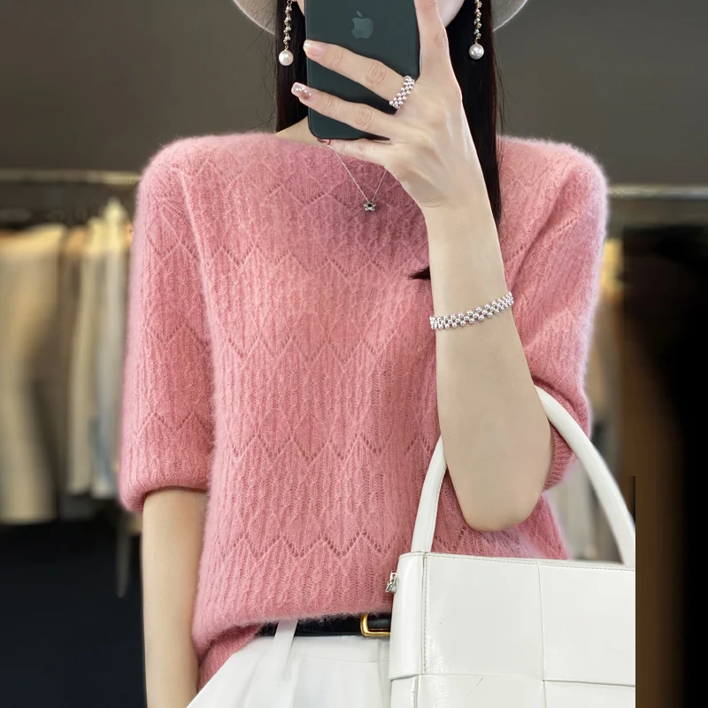 Autumn/winter new cashmere sweater women's sweater 100% Merino wool fashion low neckline hollowed-out micro-permeable temperamen