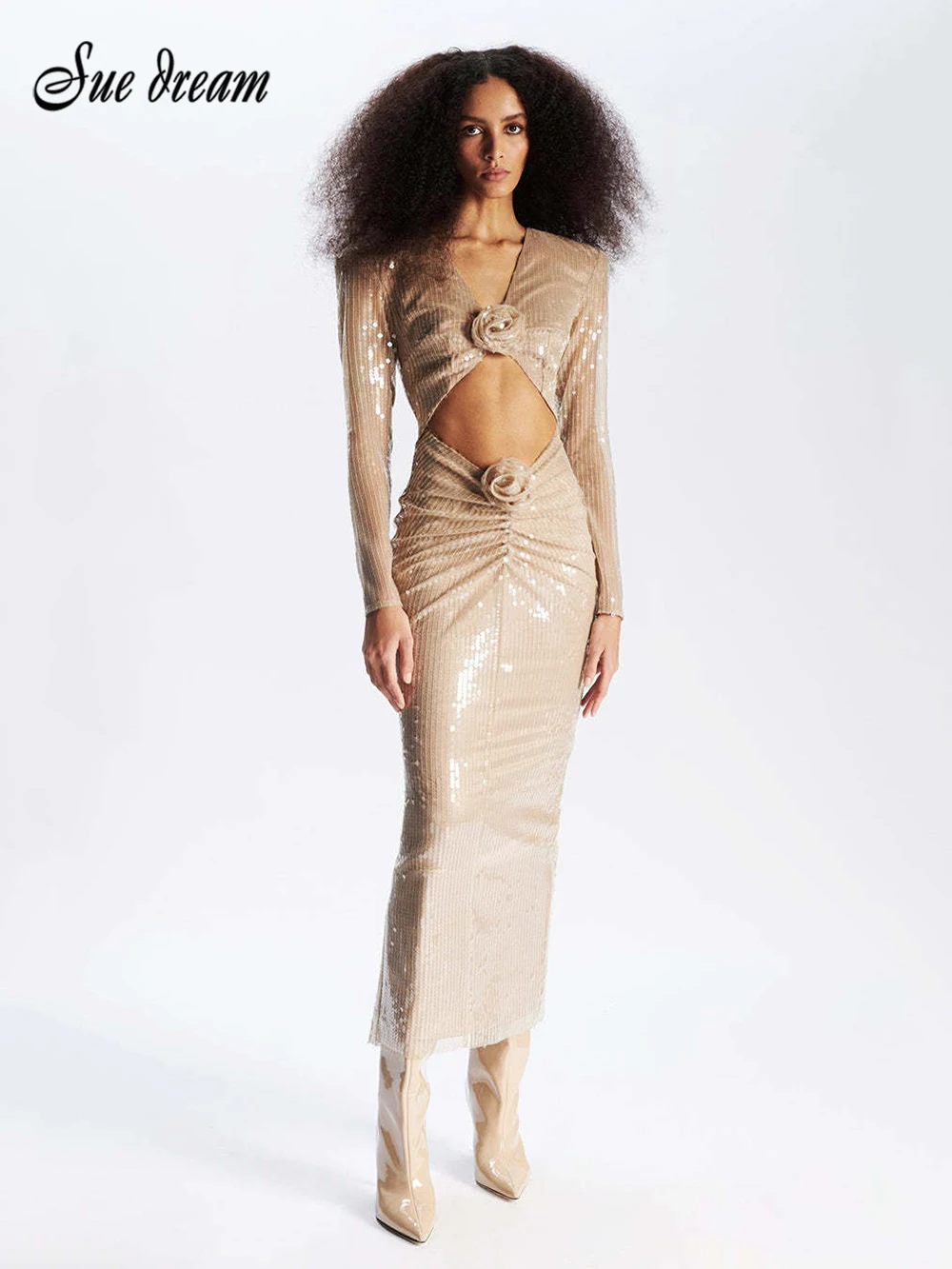 

2023 Autumn New Women's Sexy Long sleeved V-neck Hollow 3D Flower Sequin Long Dress Bodycon Celebrity Party Nightclub Dress