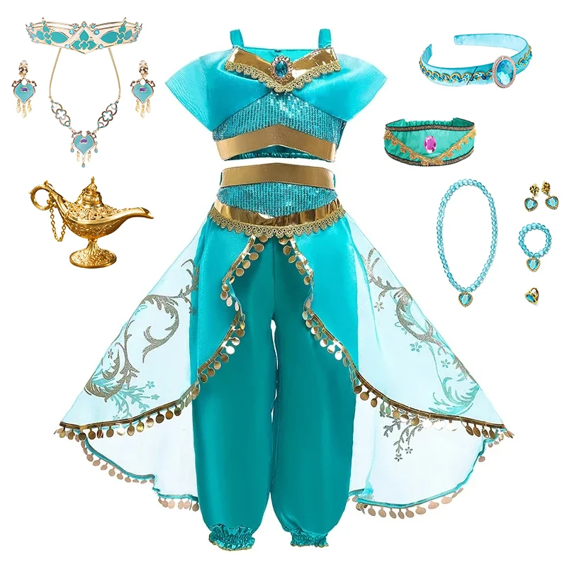 Girls Cosplay Jasmine Costume Aladdin Princess Dress Kids Magic Lamp Fancy Birthday Party Dresses Jasmine Clothes 2-12Yrs