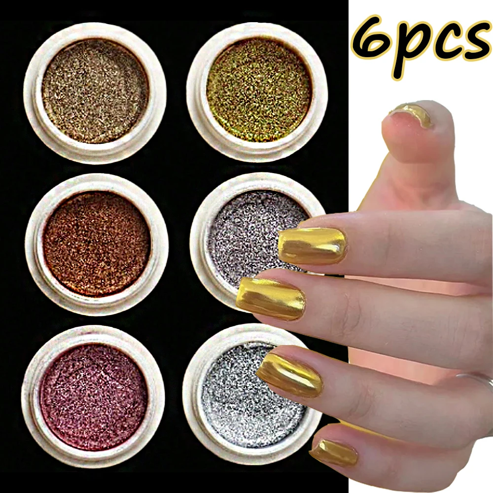 

6pcs/set Champagne/Gold/Silver Magic Mirror Nail Powder Laser Metallic Chrome Nail Rubbing Dust Women Manicure Pigment Powder F