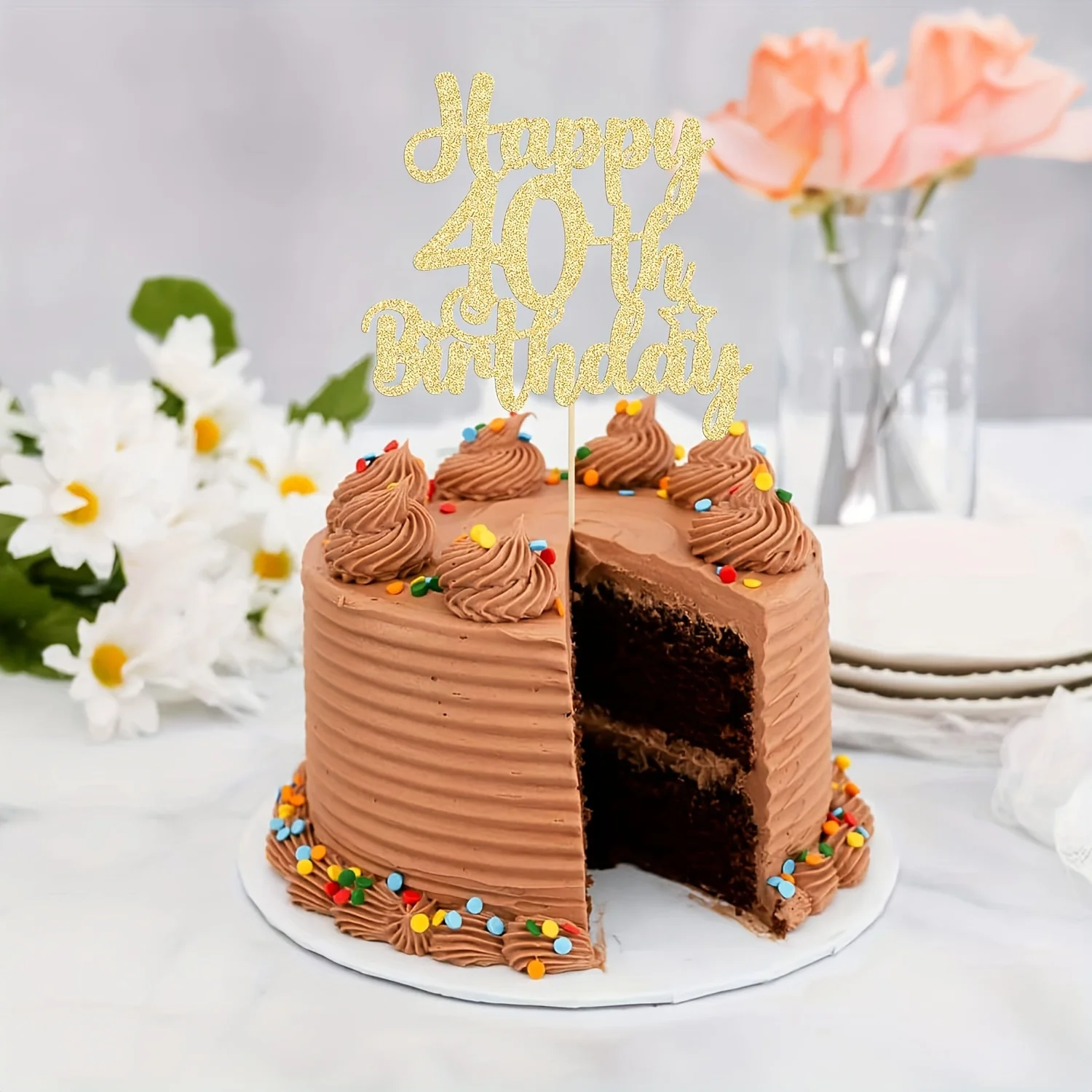 1pc Golden Shiny Birthday Cake Topper, 40th Birthday Cake Decoration, Golden Shiny Decoration