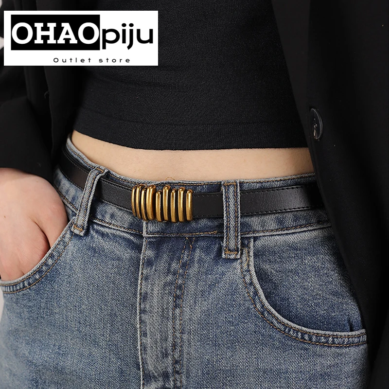 

New Fashion Brand High Quality Women Genuine Leather 1.5cm Width Belts Luxury Metal Buckle Dress Jeans Waistband Belt Sweater