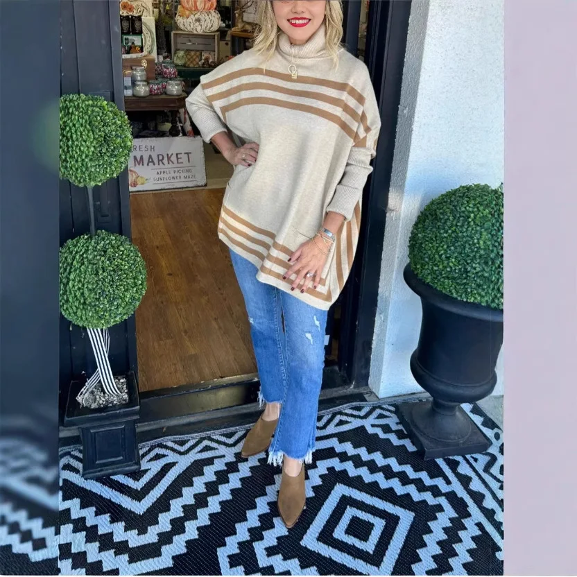 سترات نسائية مخططة بياقة مدورة وأكمام تشبه جناح الخفّاش بلوفرات علوية متماسكة غير رسمية للمكتب سيدة أنيقة لخريف وشتاء 2025