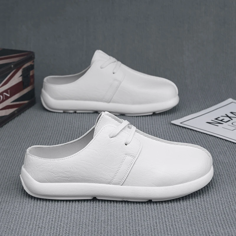 Platform Open Back Casual Shoes Half Shoes for Men Mules White Backless Loafers Slippers Closed-toe Slides Sandal Slip On Flats