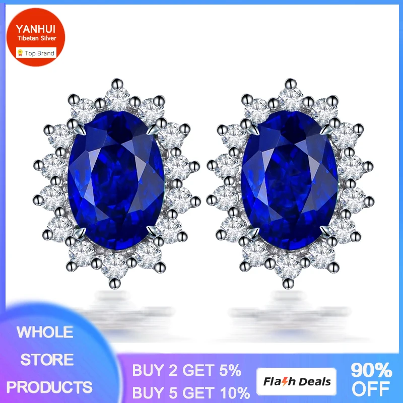 YANHUI Luxury Lab Sapphire Earrings Allergy Free Original Tibetan Silver Ear Jewelry Fashion Blue Zircon Stud Earrings for Women