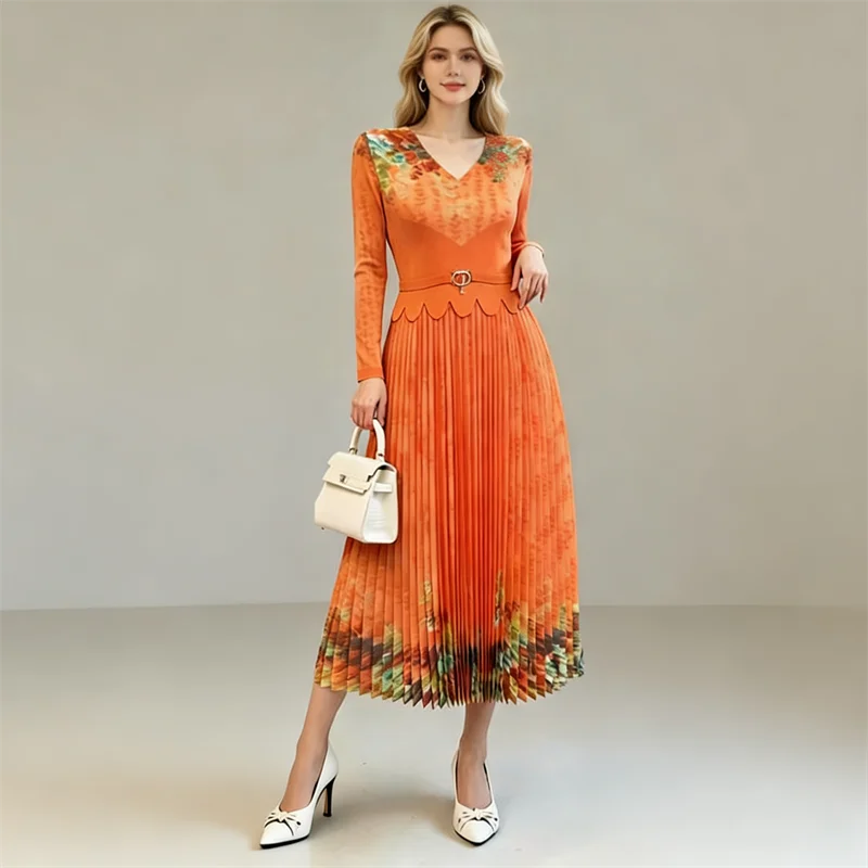 Miyake Pleated Women's Casual Dress 2026 New Fashion Printed V-neck Long-sleeved Loose Large Size Elegant Pleated Skirt