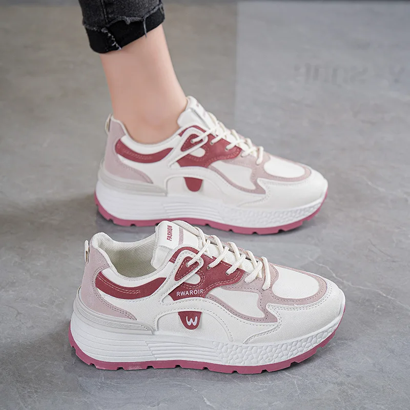 Cheap Womens Casual Sneakers Free Shipping Round Toe Lace Up White Thick Sole Vulcanized Shoe New Comfortable Flat Fashion
