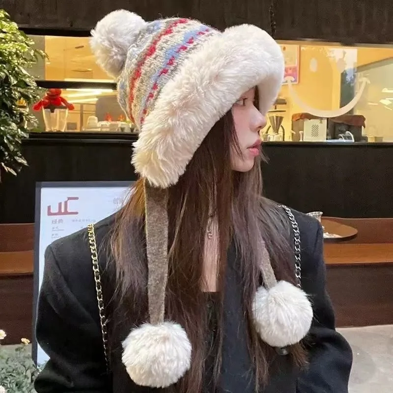 Women Fair Isle Trapper Bomber Hat Female Warm Thick Mongolian‑Style Snow Cap Skullies Girls Winter Snow‑Field Protection Bonnet