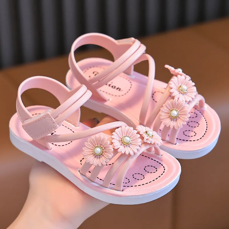 Sandalias antideslizantes de suela suave para niños, zapatos de playa con flores, moda de verano