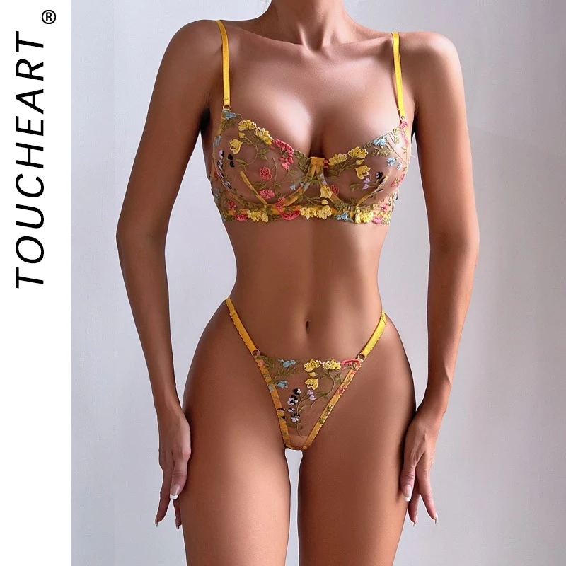 

Toucheart 2 Piece Set Underwear Set Mesh Embroidery Patchwork Bra Set For Women Perspective Thong Floral Embroidery Underwear