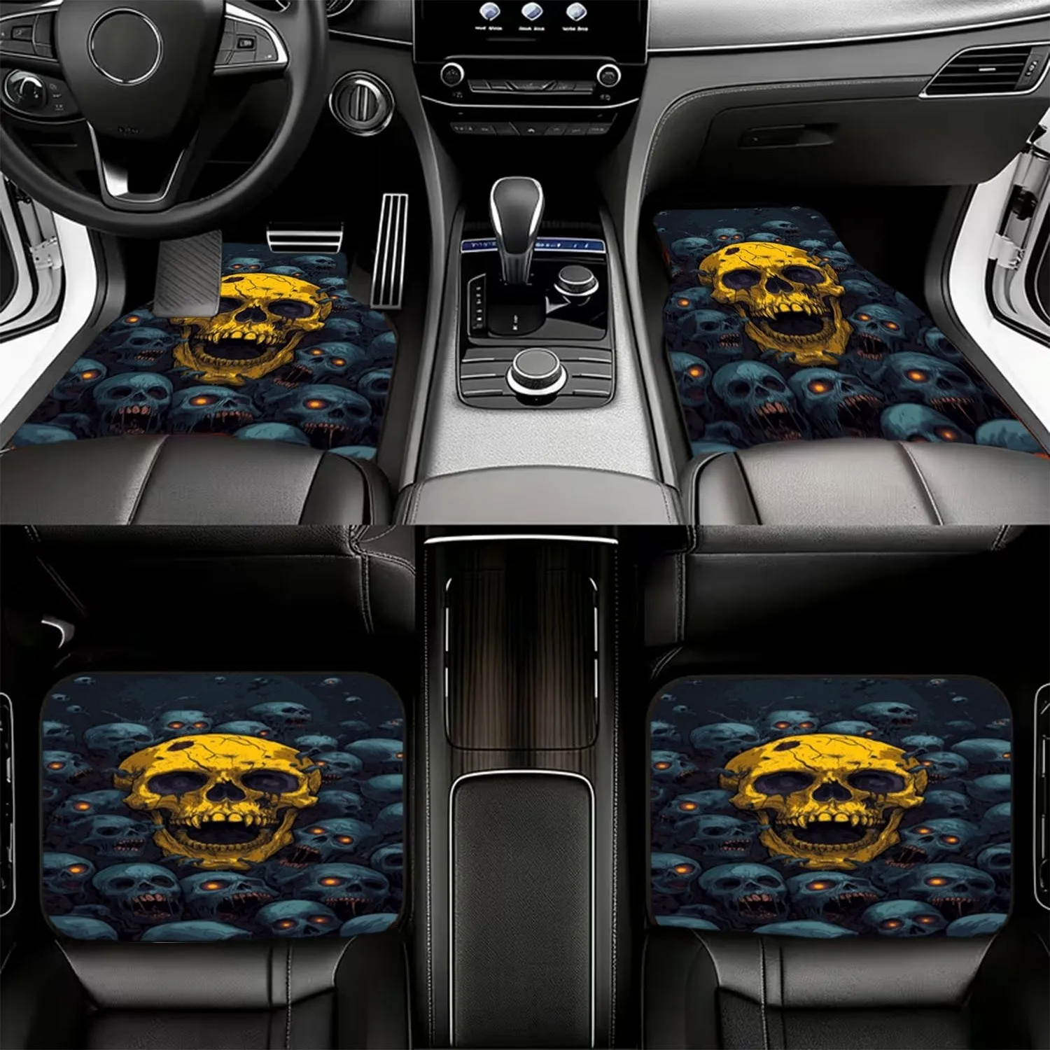 4pcs Car Floor Mats, Skull Pattern (Yellow & Blue-Gray Skulls), Material, Eerie Style, Universal For Auto Interiors, Non-, Durab