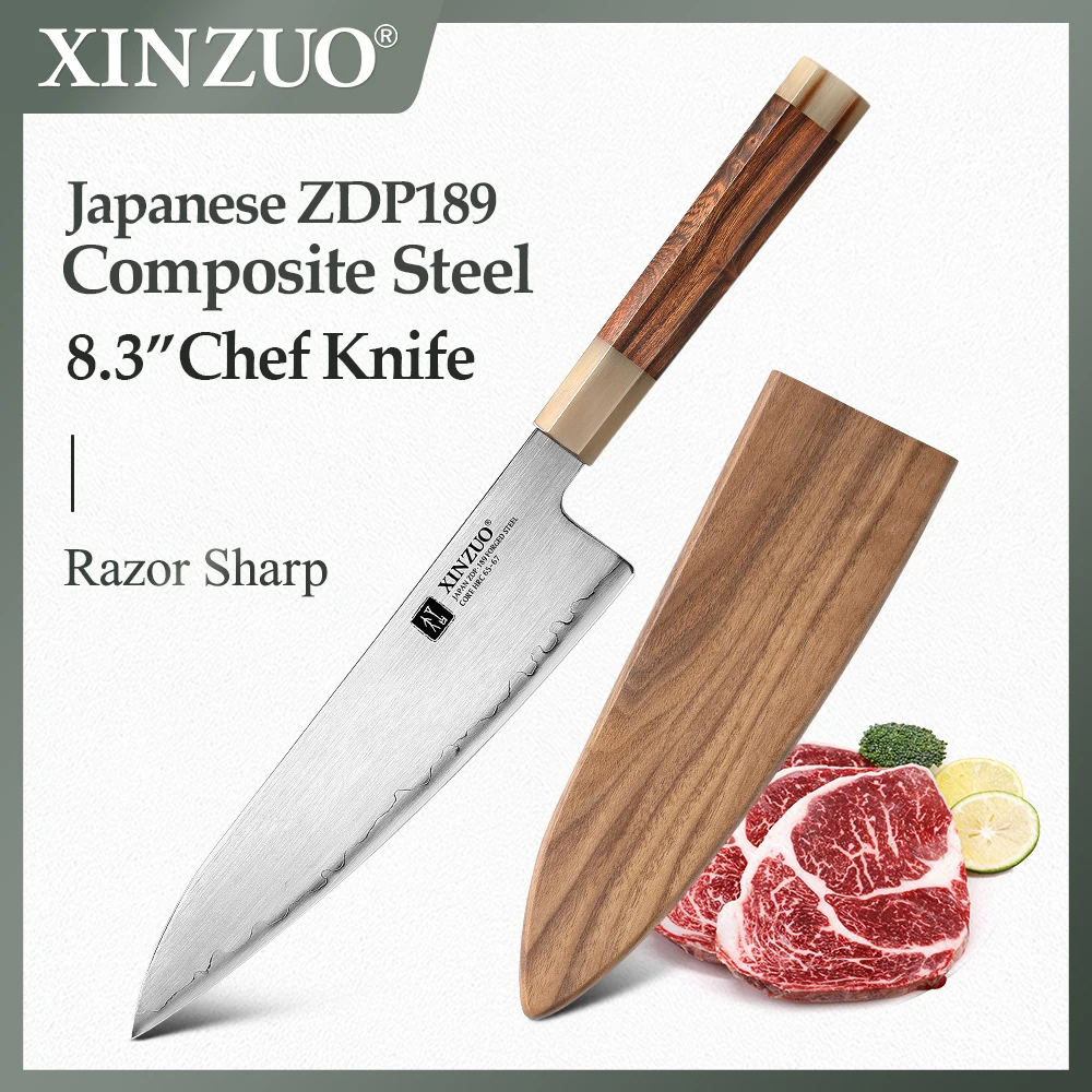 

XINZUO 8.3" Chef Knife Hitachi ZDP189 Powder Steel Composite Steel With High Quality Wooden Box Packaging With Wooden Sheath