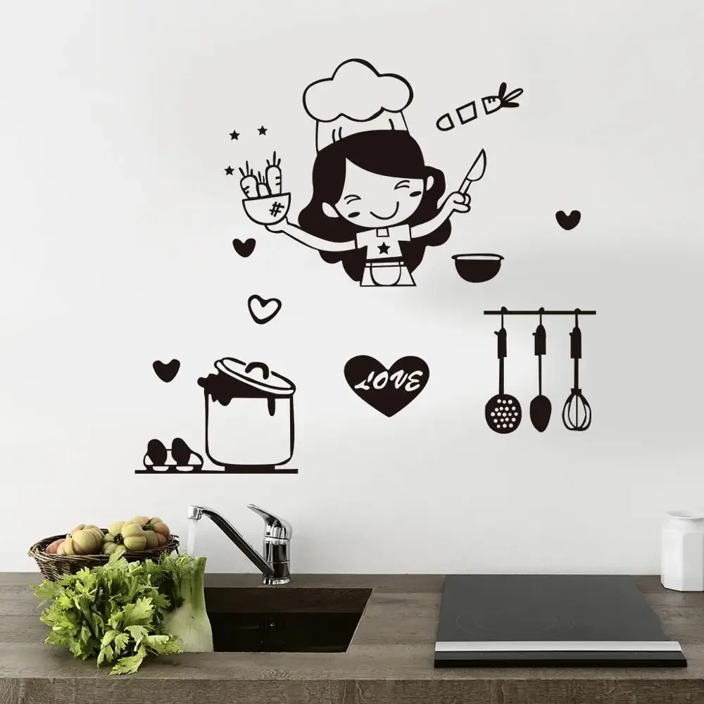 Kitchen Decorative Wall Stickers Happy Girl Chef Loves Cooking Restaurant Bar Room Fridge Light Switch Decal DIY Art Home Decor