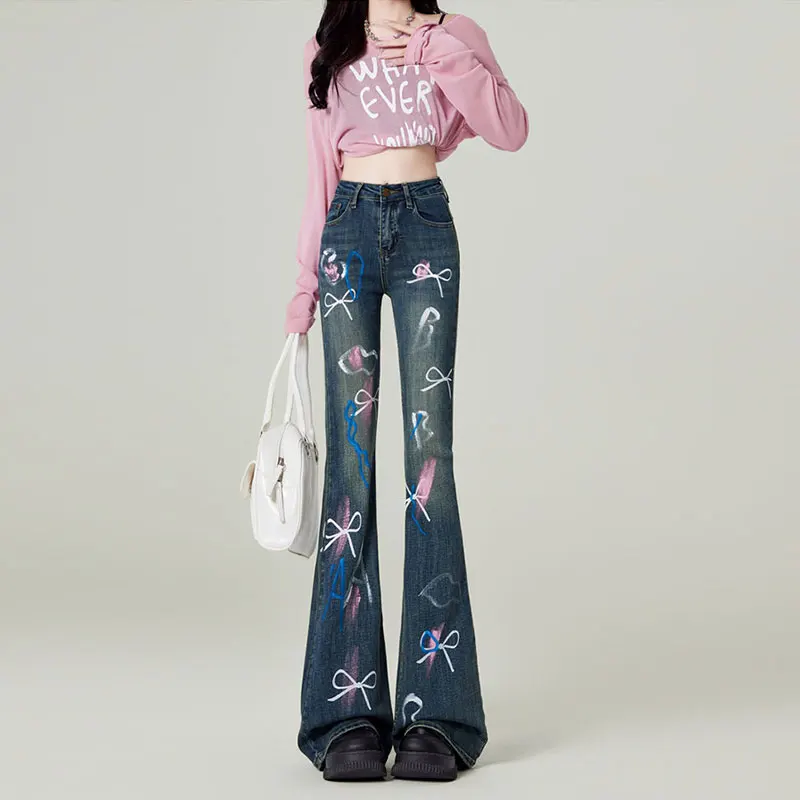 

American Hot Girl Bow Graffiti Micro Flared Jeans Women 2025 Winter New Style Retro Deep Blue Slim High-Waisted Long Pants Femal