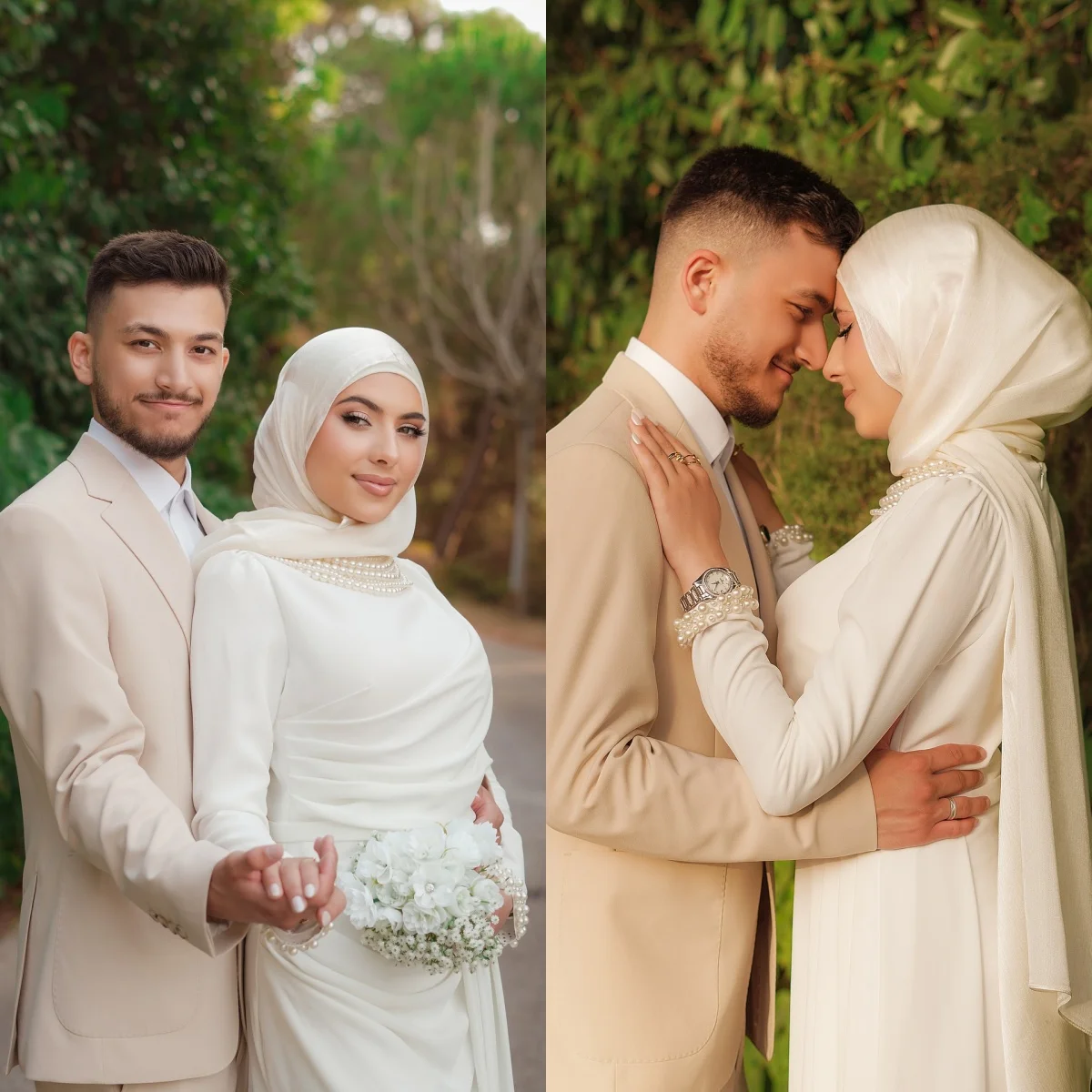 Custom Vestido De Novia Muslim Hijab Satin Mermaid Wedding Dress 2026 Long Sleeve Pearl Neck Cuffs Modest Outdoor Bridal Gown