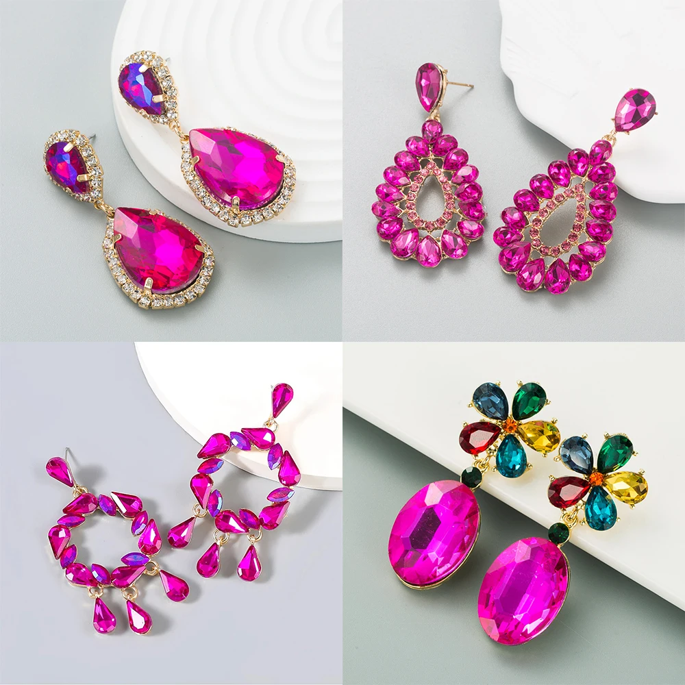 Fuchsia Crystals Flowers Dangle Earrings Jewelry for Bridal Women Wedding Pendientes Fuchsia Jewelry