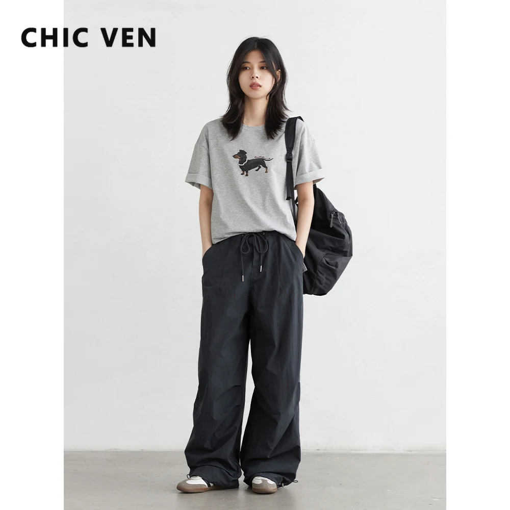 

CHIC VEN женские брюки корейские повседневные однотонные свободные широкие брюки на шнурке женские ветрозащитные брюки весна осень новинка 2025