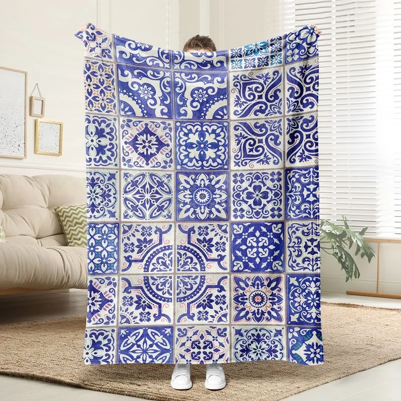 

Blue Tile Pattern Flannel Blanket Warm Cozy Throw for Sofa Bed Couch Vintage Home Decor